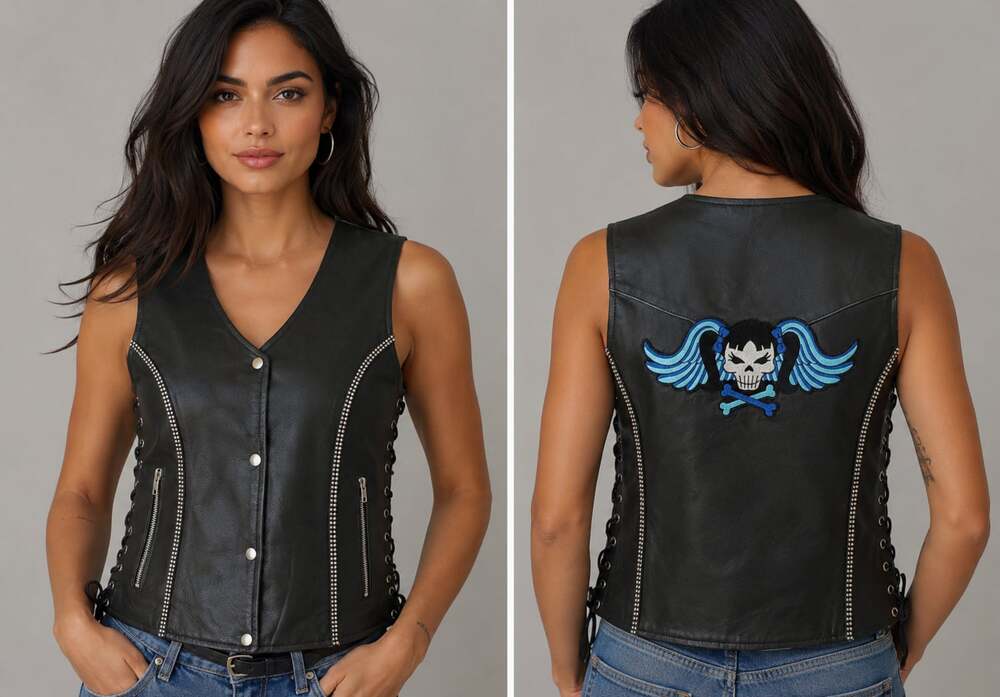 Leather Papa's Oklahoma Women's Leather Motorcycle Biker Vest with Pigtail Skull